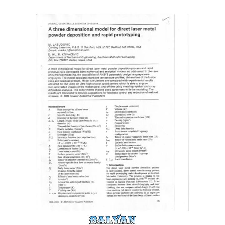 دانلود کتاب A Three Dimensional Model For Direct Laser Metal Powder Deposition And Rapid Prototyping